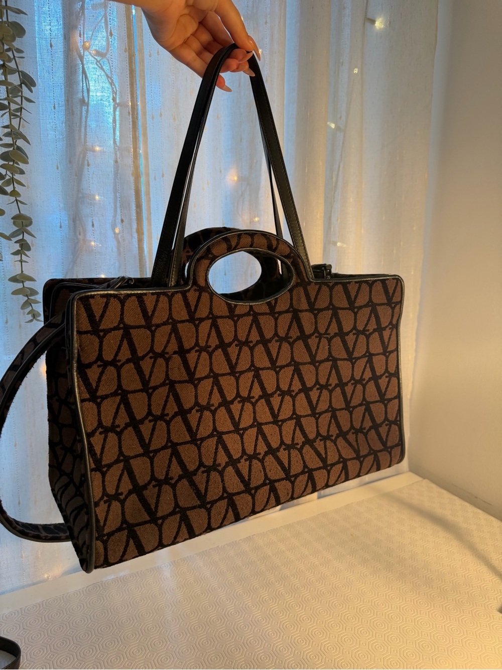 Valentino Brown & Black Patterned Tote with Cutout Handle